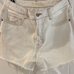 High-Rise White Denim Jean Shorts with Frayed Hem